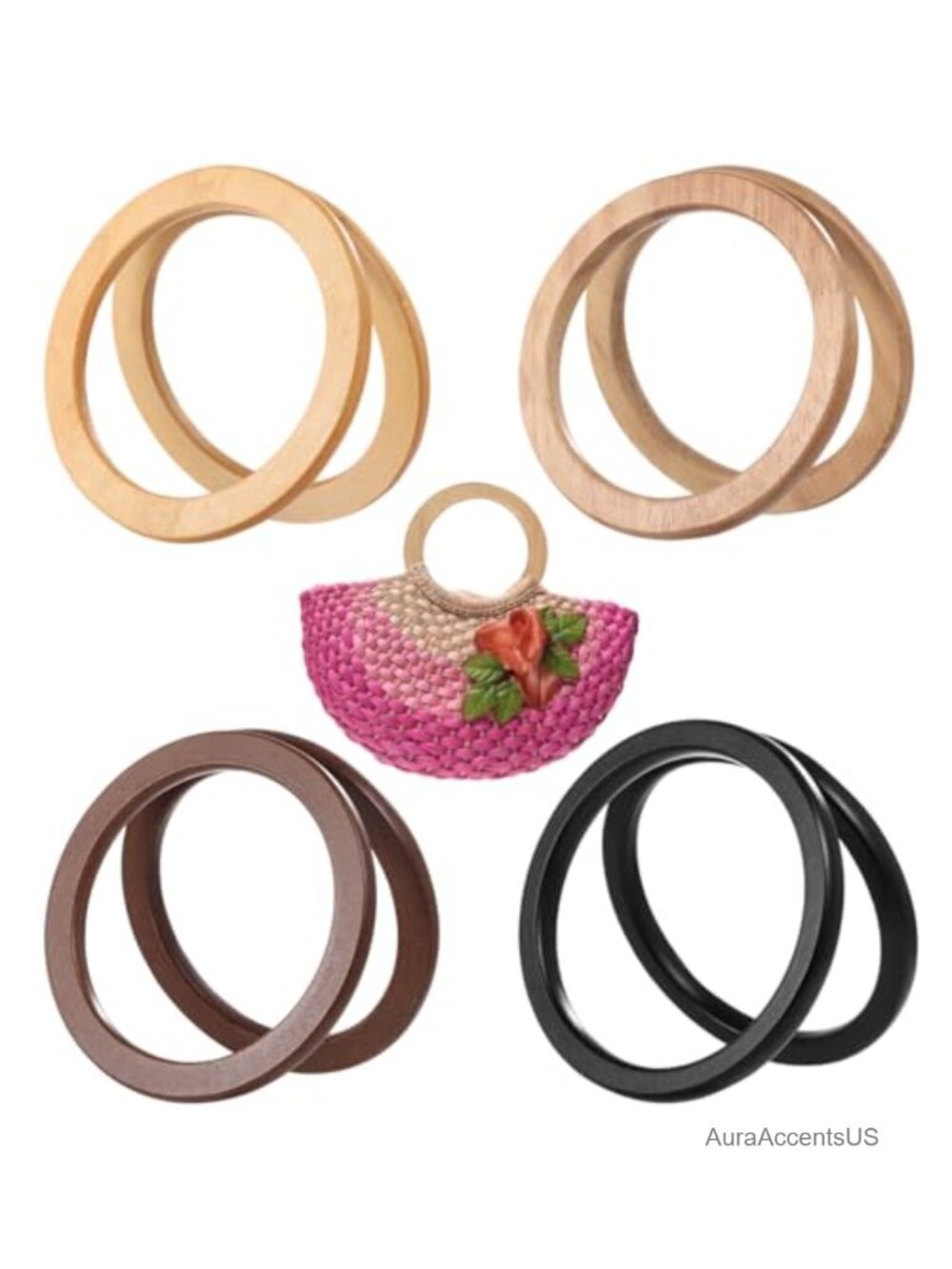 8 Pc Wooden Round Bag Handles D-Shape Purse Replacement for Crochet Straw Beach